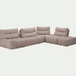 Canapé d'angle modulable avec chauffeuse et pouf en tissu campo- beige