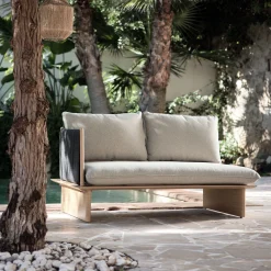 Canapé de jardin en aluminium effet teck et corde - gris (2 places)