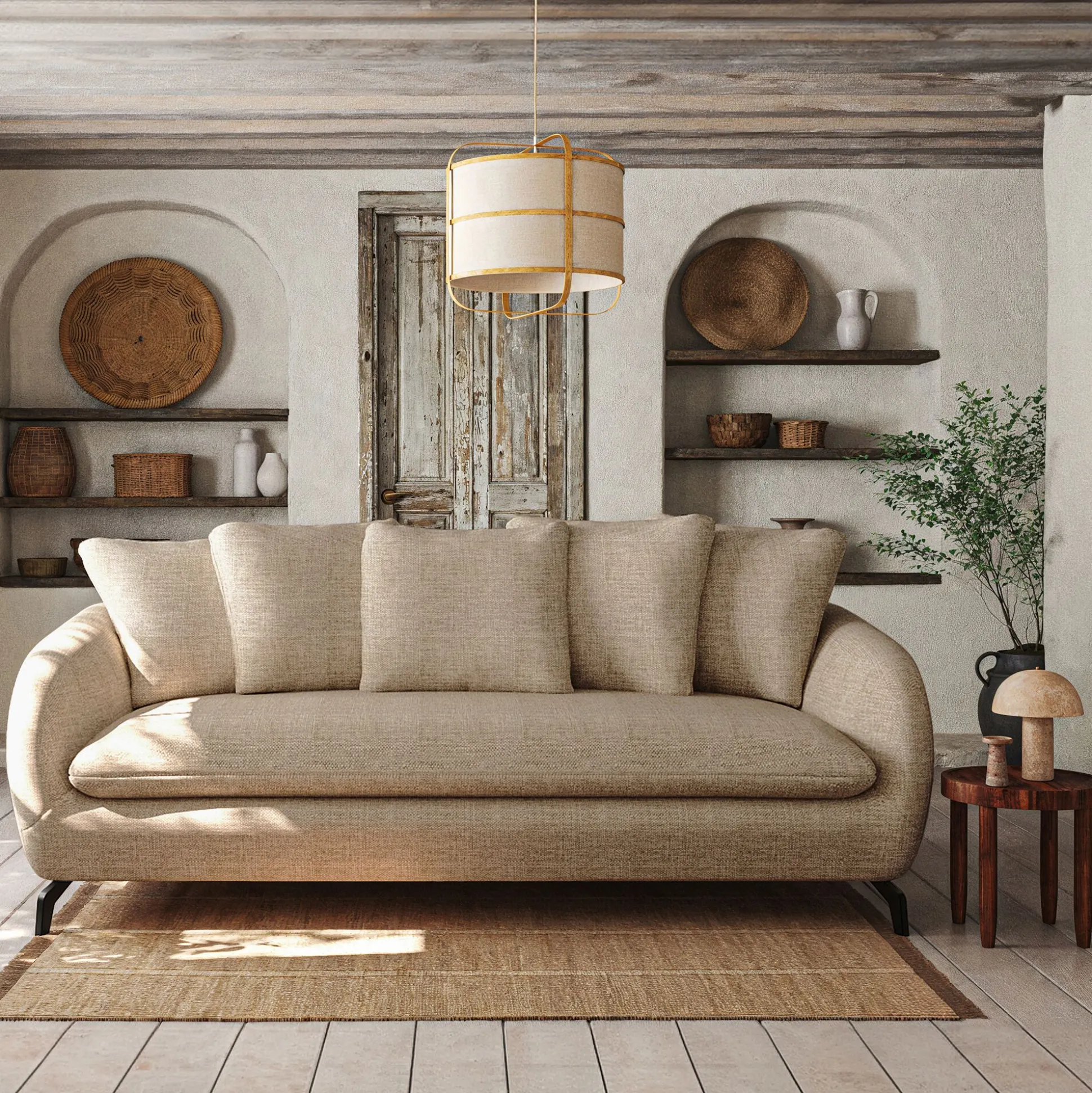 Canapé fixe 3 places en tissu doux tramé - beige