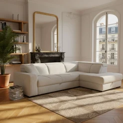 Canapé grand angle droit convertible en tissu castello - beige roucas