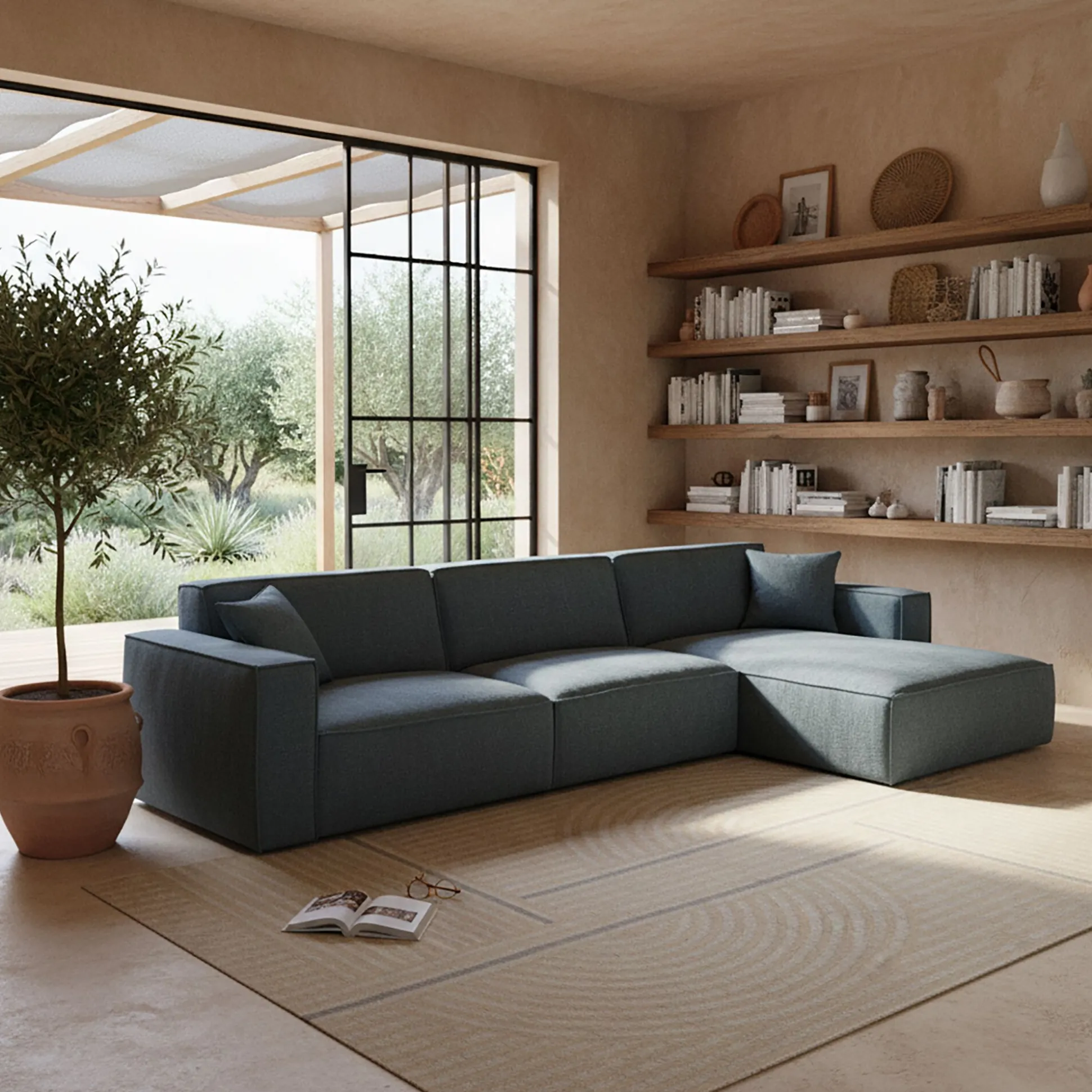 Canapé grand angle droit fixe en tissu tramé - bleu