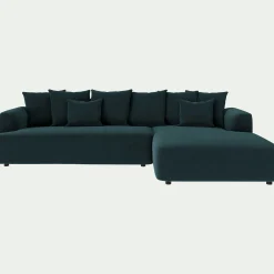 Canapé grand angle droit fixe en tissu velours - bleu foncé