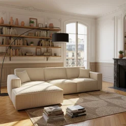 Canapé grand angle gauche fixe en velours côtelé azores - beige