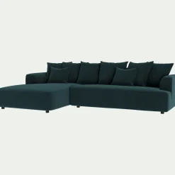 Canapé grand angle gauche fixe en tissu velours - bleu foncé