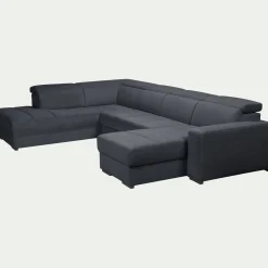 Canapé panoramique convertible avec méridienne droite en tissu doux - bleu calabrun