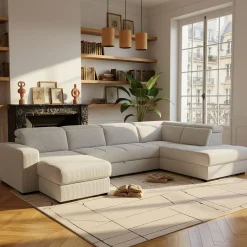 Canapé panoramique convertible avec méridienne droite en tissu castello - beige roucas