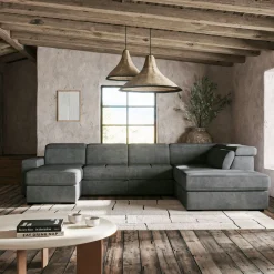 Canapé panoramique convertible avec méridienne gauche en tissu doux - gris