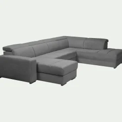 Canapé panoramique convertible avec méridienne gauche en tissu doux - gris