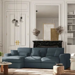 Canapé petit angle gauche fixe en tissu bouclette - bleu