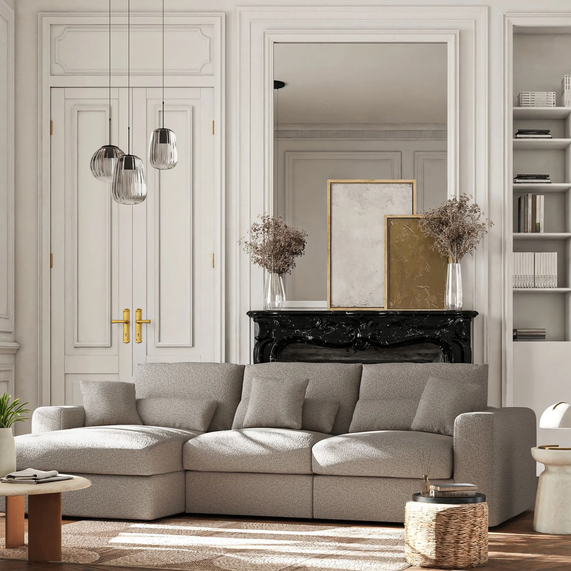 Canapé petit angle gauche fixe en tissu bouclette - gris clair