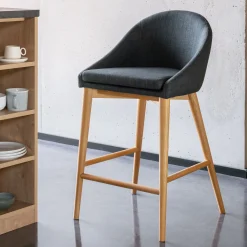 Chaise de bar en tissu gris foncé pieds bois - H66cm