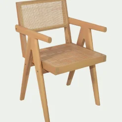 Chaise de repas avec accoudoirs en acajou et cannage - bois clair