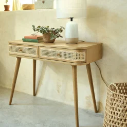 Coiffeuse 2 tiroirs en chêne et rotin - bois clair