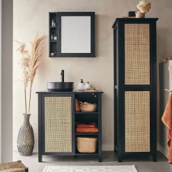 Colonne de salle de bain en bois de cèdre et cannage - H171cm