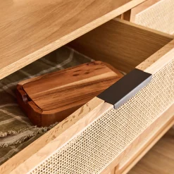 Commode 6 tiroirs en bois et cannage - bois clair