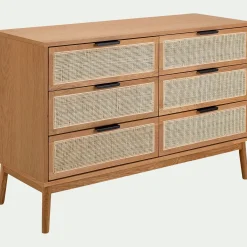 Commode 6 tiroirs en bois et cannage - bois clair