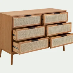 Commode 6 tiroirs en bois et cannage - bois clair