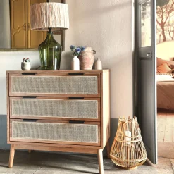 Commode 3 tiroirs en bois et cannage - bois clair