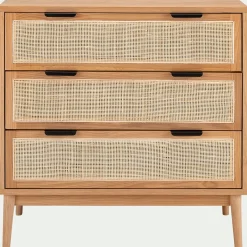 Commode 3 tiroirs en bois et cannage - bois clair