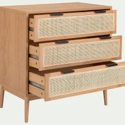 Commode 3 tiroirs en bois et cannage - bois clair