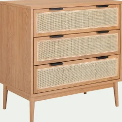 Commode 3 tiroirs en bois et cannage - bois clair