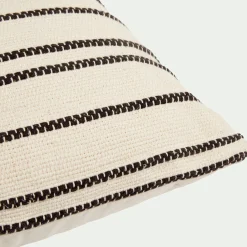 Coussin à rayures brodées en coton 45x45cm - noir et écru