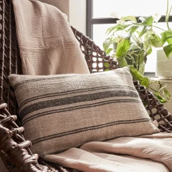 Coussin à rayures en lin 30x50cm - naturel et noir