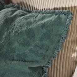 Coussin en coton motif feuille en tissage jacquard finition franges 40x60cm - vert eucalyptus