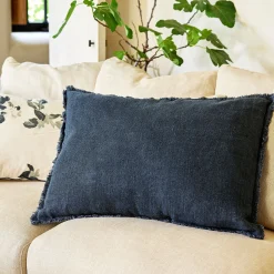 Coussin frangé en lin 50x70cm - bleu