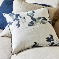 Coussin motif floral en lin et coton 45x45cm - blanc