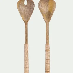 Couverts à salade en bois de manguier et manche en rotin