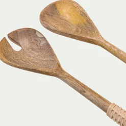 Couverts à salade en bois de manguier et manche en rotin