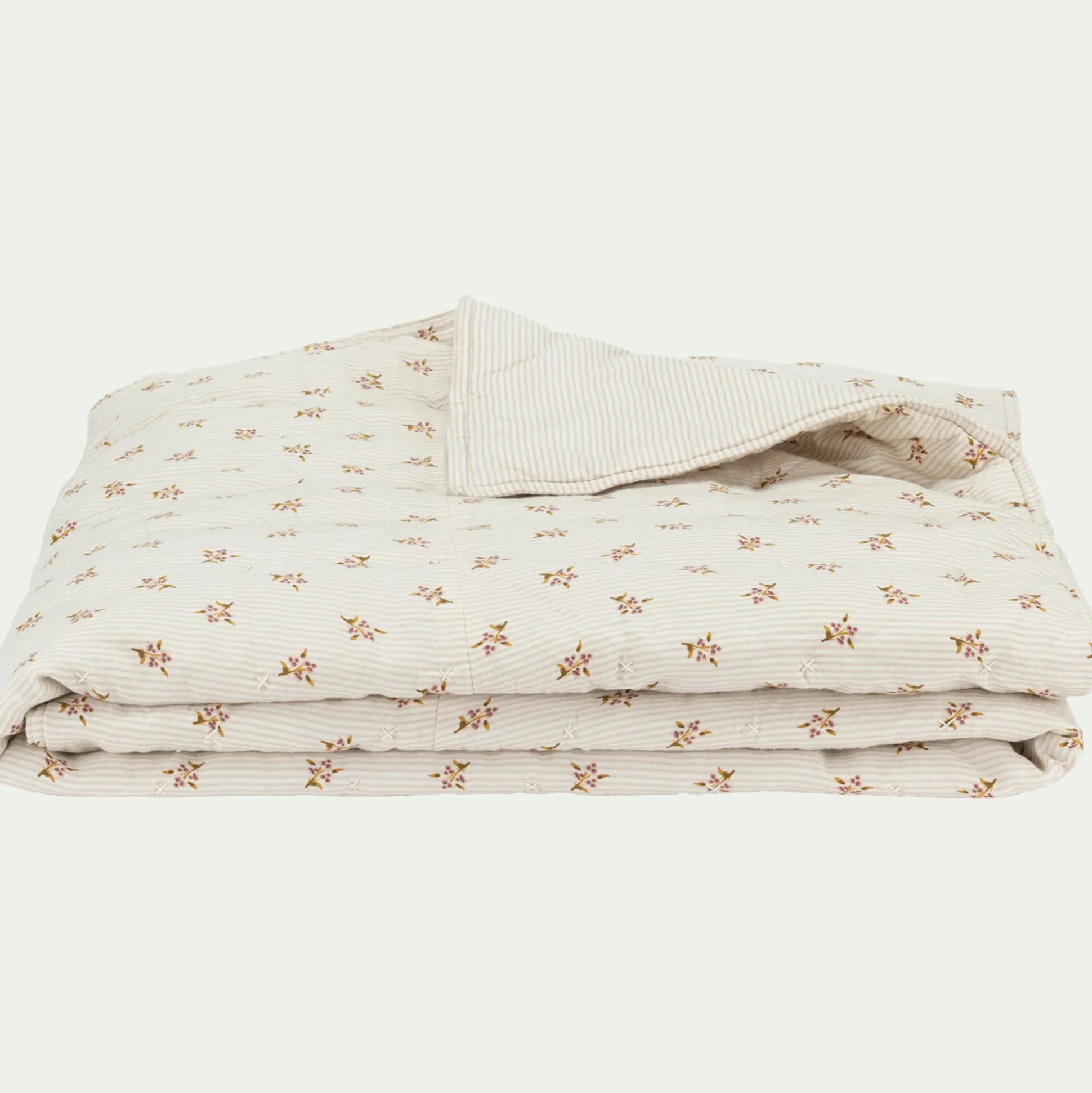 Couvre-lit en lin et coton 220x240cm motif rayé et floral - blanc