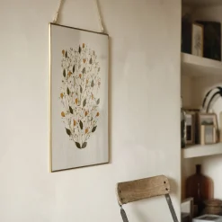 Décoration murale rectangulaire avec fleurs séchés en verre - doré