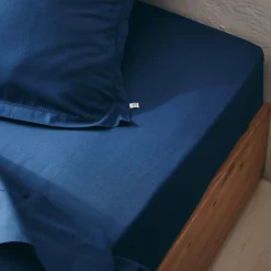 Drap housse en coton bio 90x200cm b30cm - bleu abysse