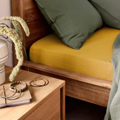 Drap housse en lin lavé 140x200cm B28cm - jaune argan