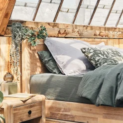 Drap housse en lin lavé 140x200cm B28cm - vert cèdre