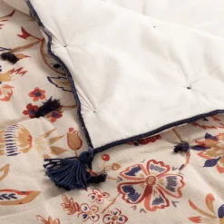 Édredon à motif fleuri en lin et coton 100x180cm piquage pompons double faces - beige