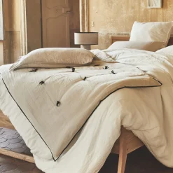 Édredon en lin et coton 100x180cm piquage pompons double faces - blanc écru