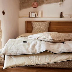 Édredon en lin et coton 100x180cm piquage pompons double faces - blanc écru