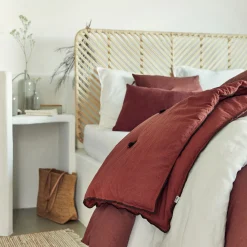 Édredon en lin et coton 100x180cm piquage pompons - rouge arcilla