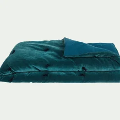Édredon en velours de coton 100x180cm piquage pompons - bleu