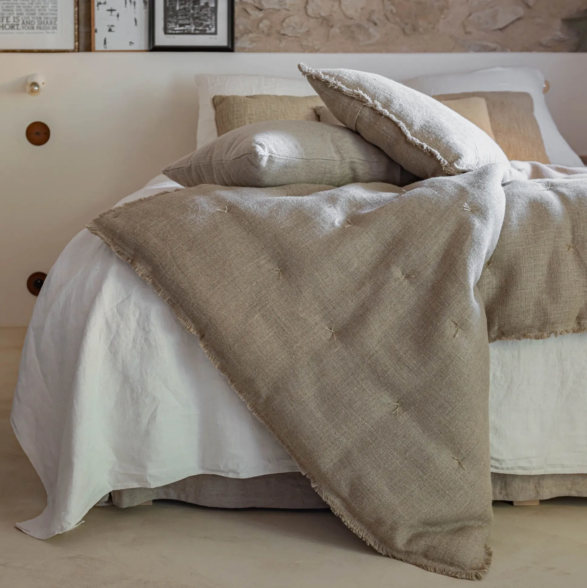 Edredon en lin et coton frangé 100x180cm - beige alpilles