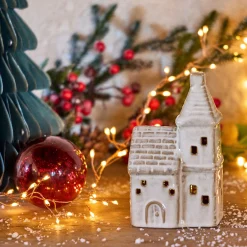 Eglise décorative à poser lumineuse en porcelaine - beige