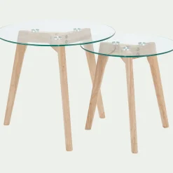 Ensemble de 2 bouts de canapé en verre et bois d'hévéa - transparent