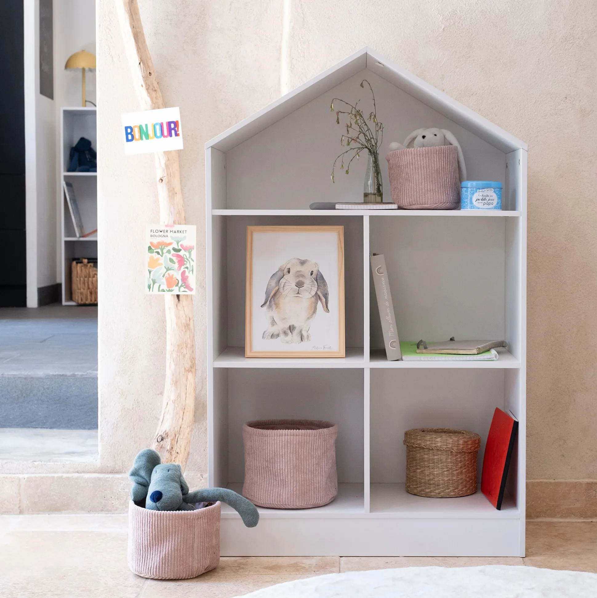 Etagère maison 5 cases en bois - blanc