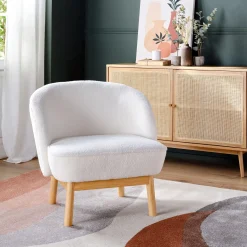 Fauteuil en tissu effet moutonné et piétement en hévéa - blanc capelan