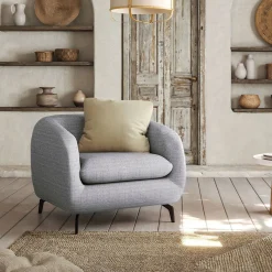 Fauteuil en tissu tramé piétement noir - gris ardoise