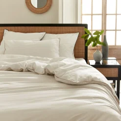 Housse de couette en percale de coton 260x240cm liseré tressé beige alpilles - blanc