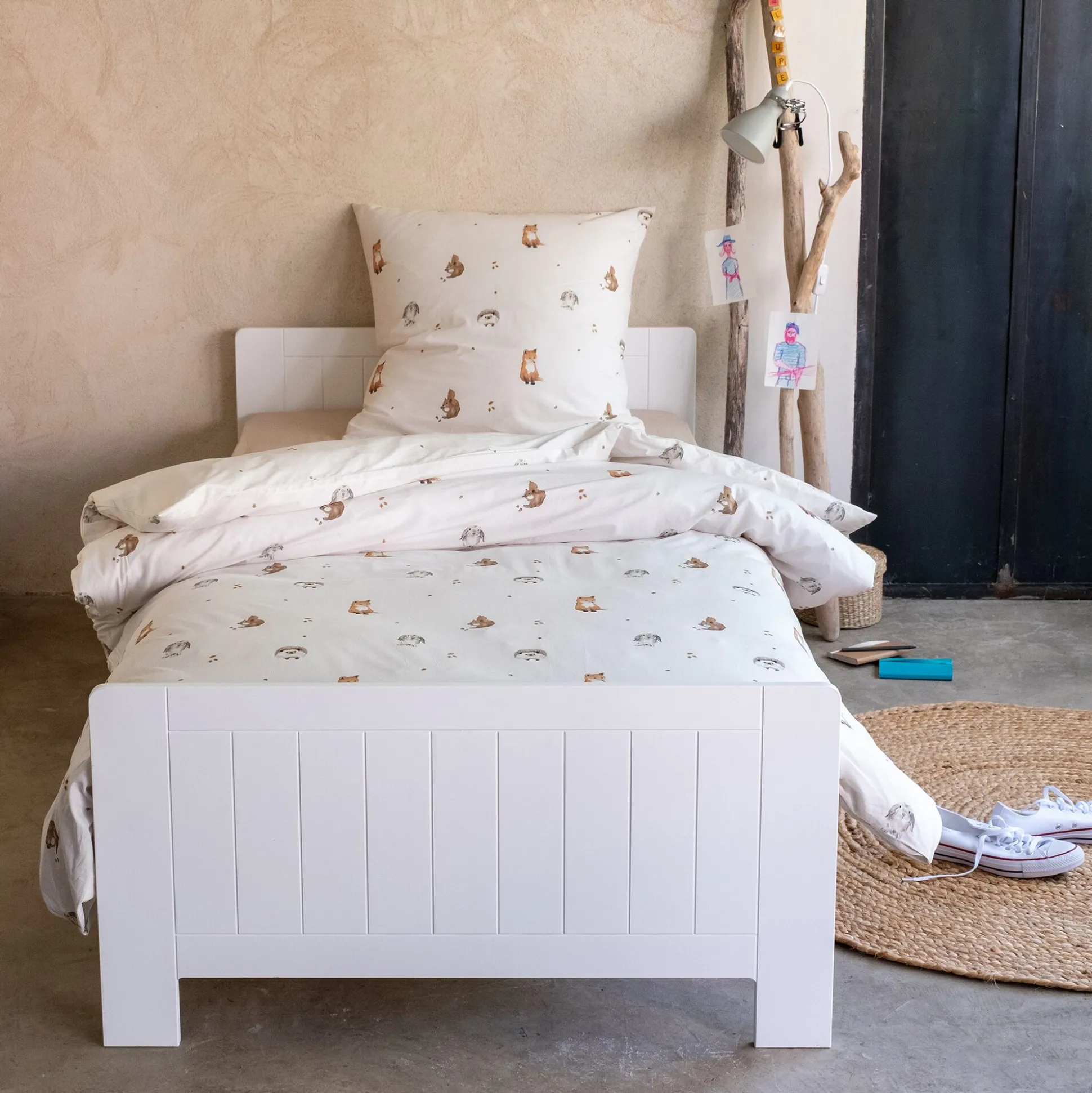 Housse de couette enfant 140x200cm et 1 taie d'oreiller 63x63cm motif animaux en coton - blanc